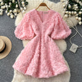 French court style v-neck lantern sleeve 3d floral dress - women's elegant a-line dress with cinched waist, princess style