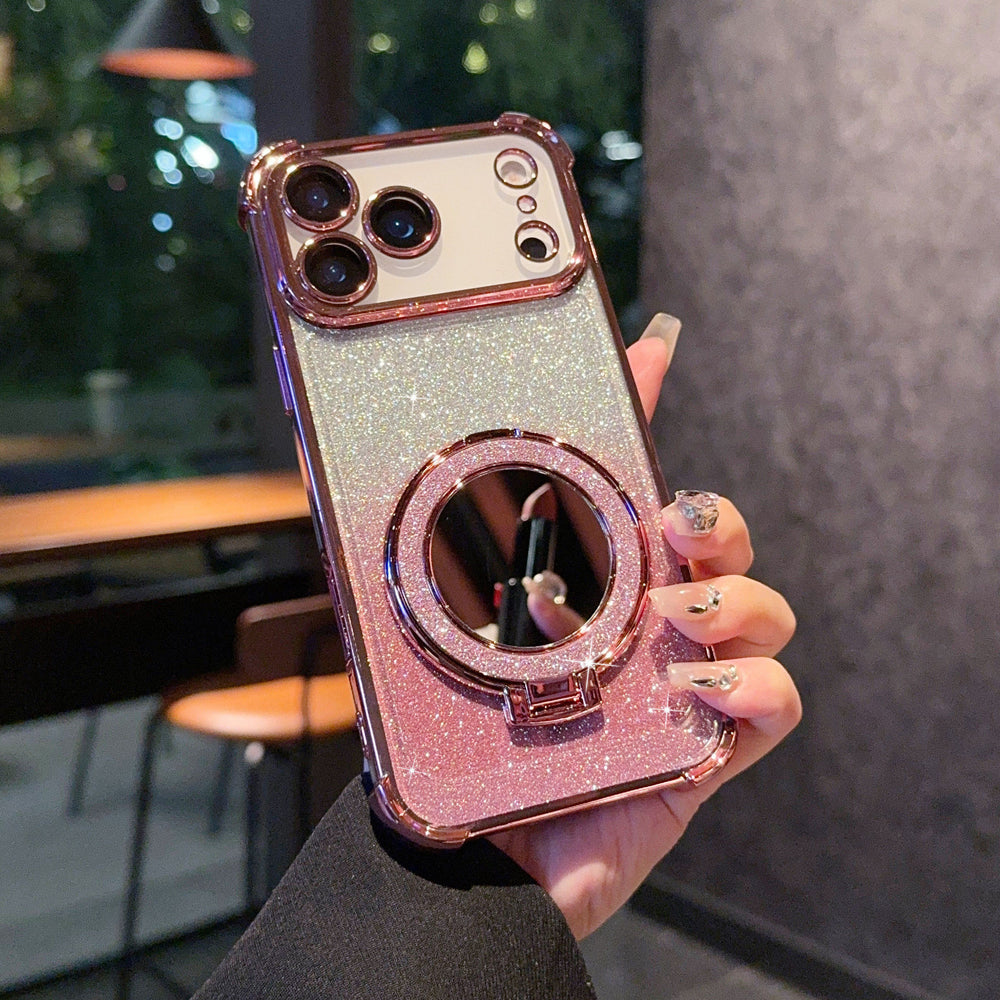 Glitter mirror magnetic stand compatible iphone 17 pro case, 16, apple 13, four-corner electroplated drop-proof protection