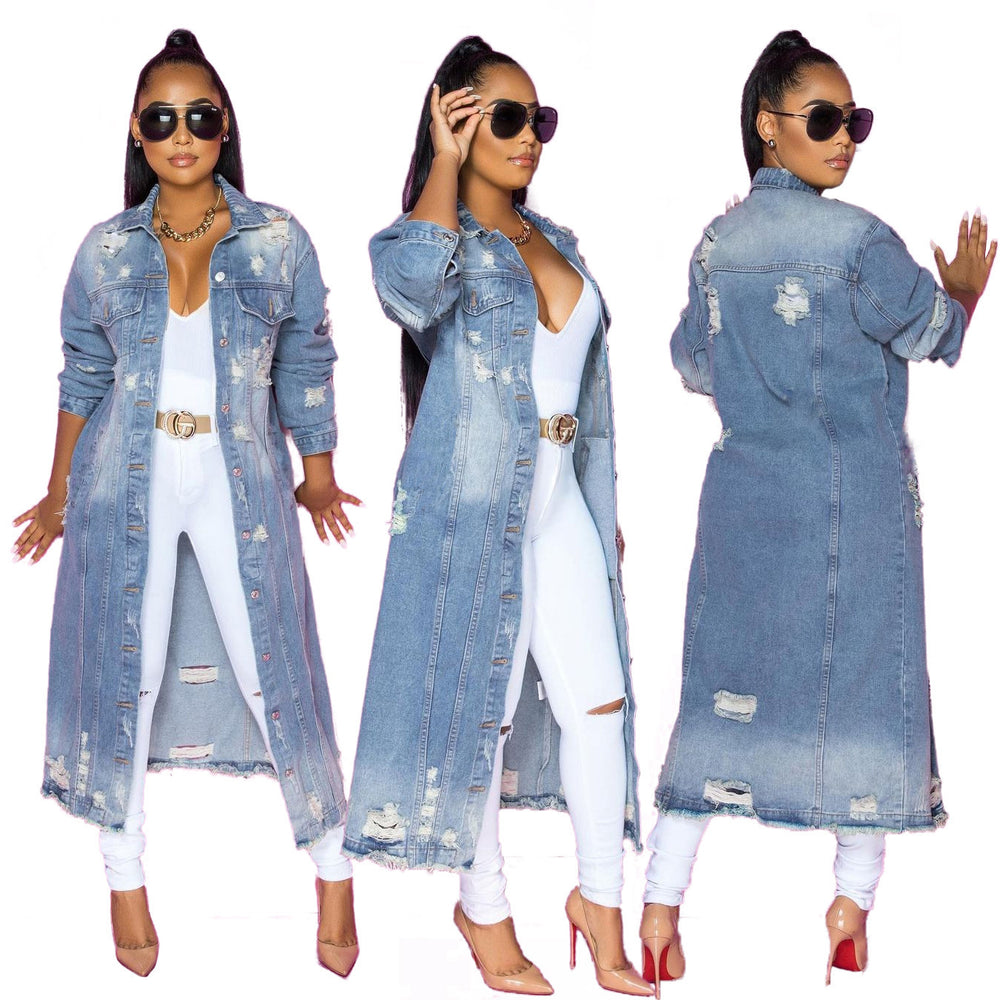 Amazon  women's denim jacket  european and american new trendy washed blue distressed slim-fit denim windbreaker