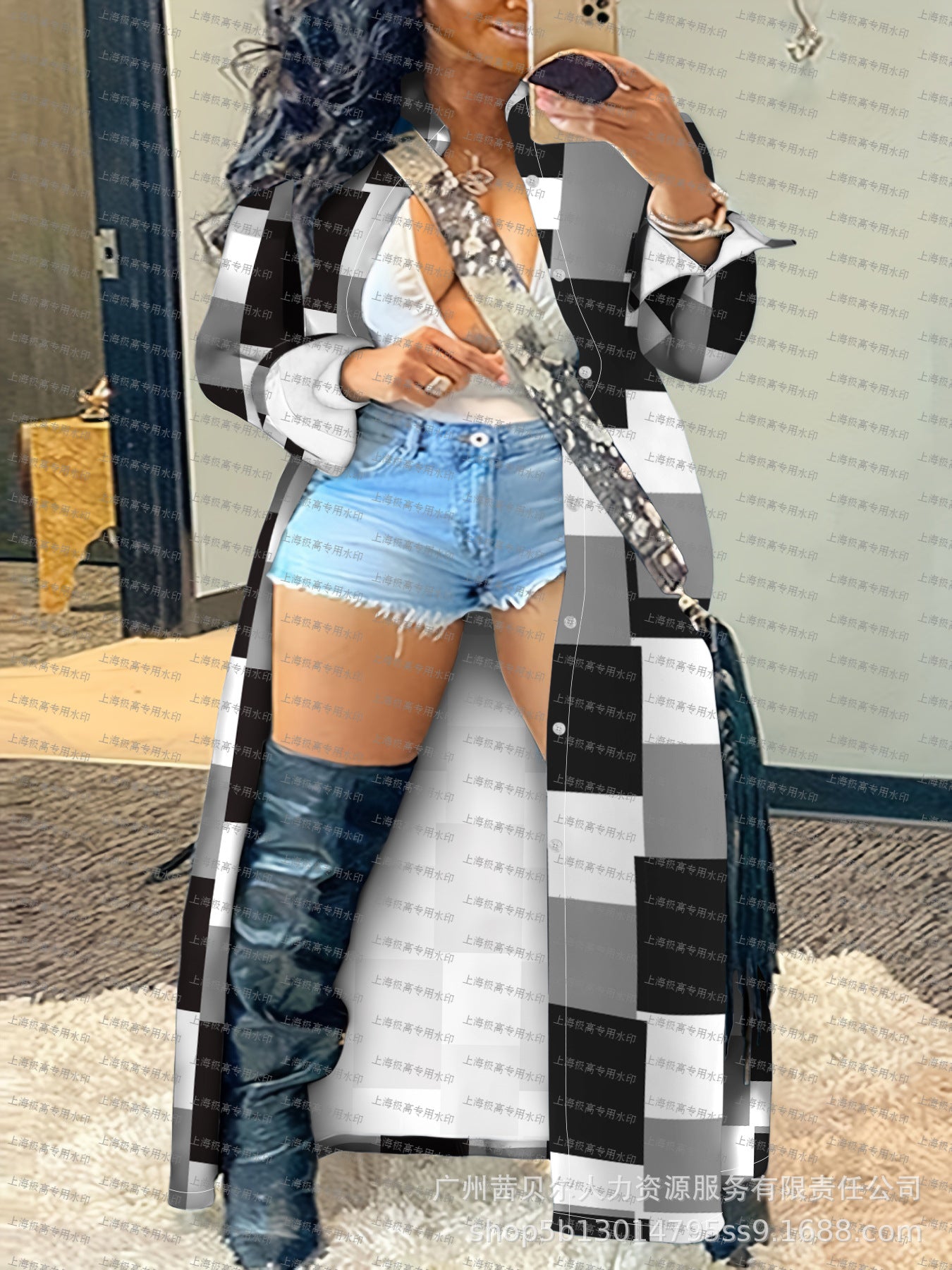 European and American  women's clothing large-size plaid printing long-sleeved cardigan jacket-LPU8082AA5