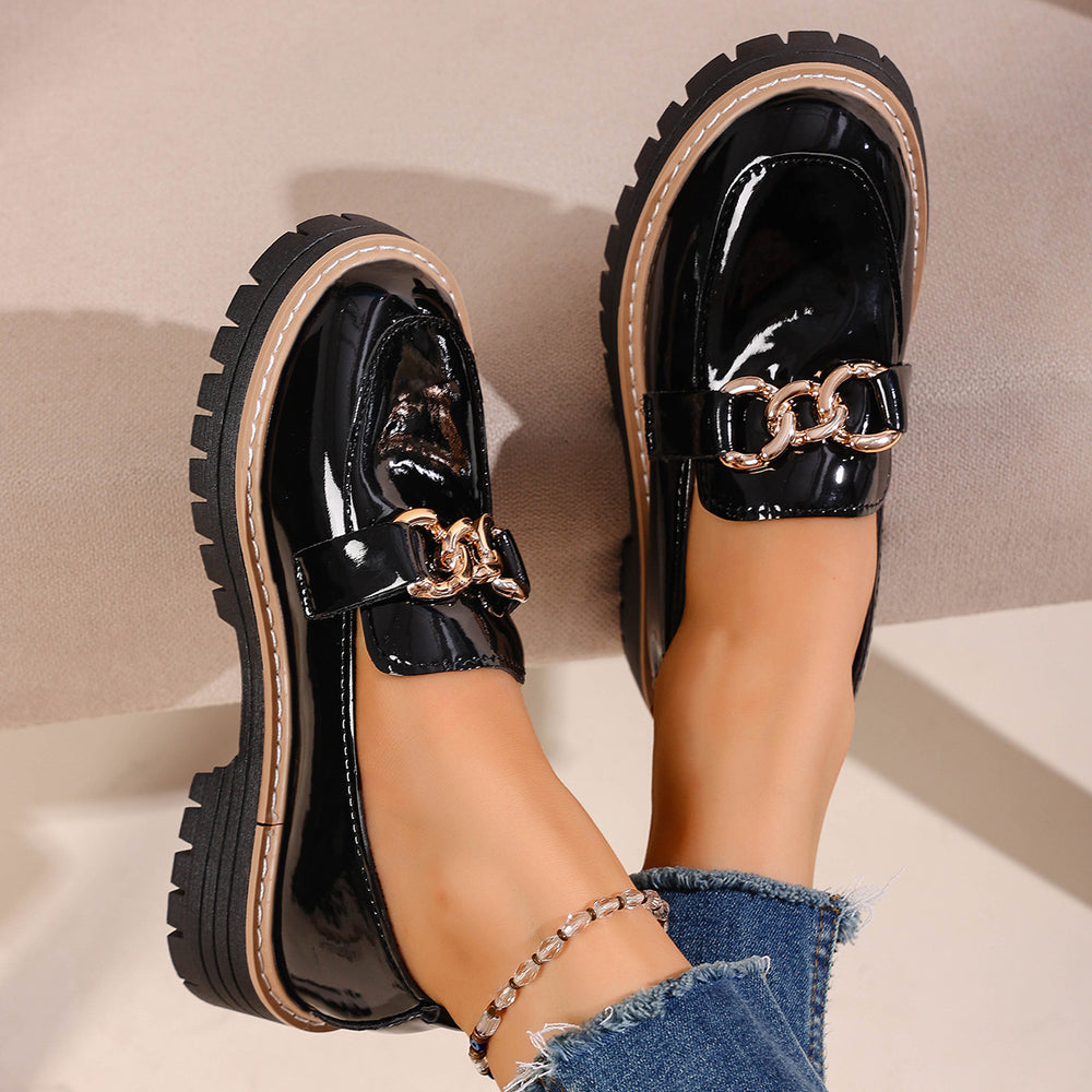 plus size british style metal chain low ankleflatsautumnew arrivalthick sole slip-on small leather shoes for women