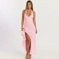 European and american cross-border women's fashion:  summer new arrivals - stylish solid color halter neck slit tie-back backless bodycon dress