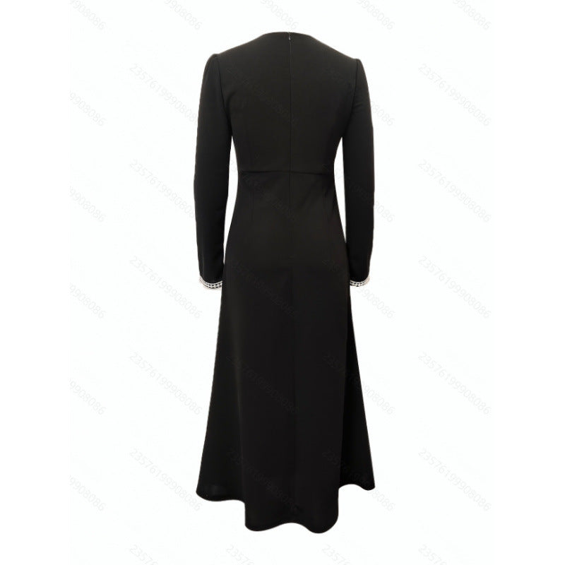 Women's spring/autumn fashionable and elegant v-neck ribbon trim slim-fit long sleeve maxi dress - perfect for casual wear