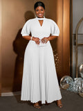 Plus size semi-high neck cutout elegant dress - high waist chic party evening pleated skirt