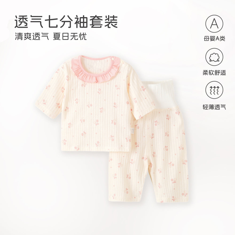 Baby pajamas pure cotton thin kids home clothes summer boys and girls three-quarter sleeves air-conditioning clothes high waistseparatessuit
