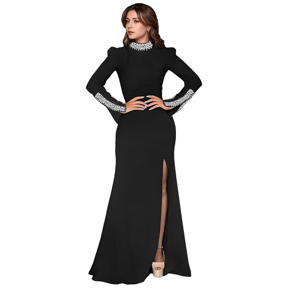 C7271 cross-border   fashion women's solid color long sleeve rhinestone slit dress new arrival