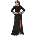 C7271 cross-border   fashion women's solid color long sleeve rhinestone slit dress new arrival