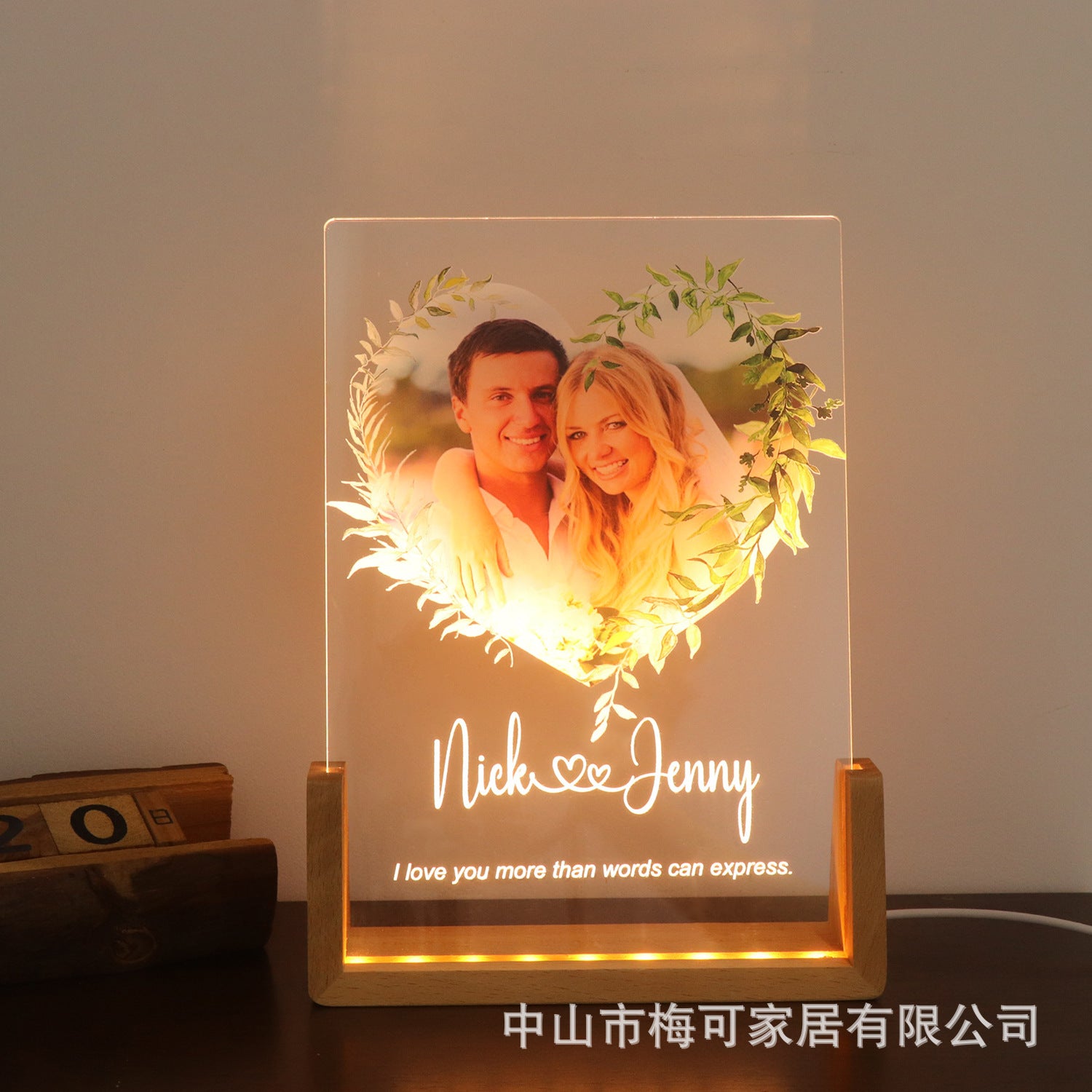 Personalized UV printing night light  acrylic photo stand desk lamp wooden ambient light to send wine to friends
