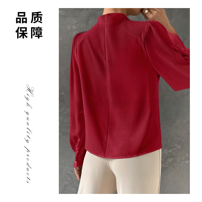 Solid color pleated women's blouse - elegant pullover satin top - new european and american style commuter long sleeve top