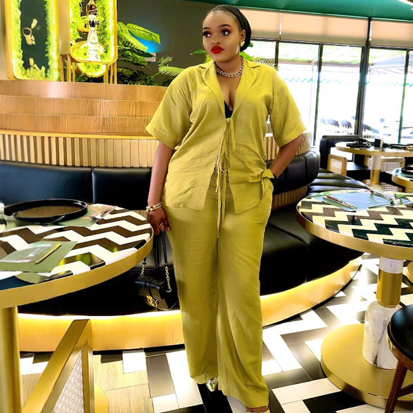 European and American large size fashion women's suit, suit collar strap loose shirt casual trousers African foreign style two-piece set