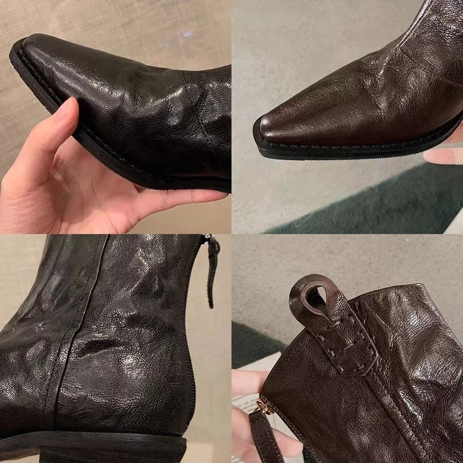 New arrivalfall and winterfashionable pointed toe v-mouth fashionretro denim slim boots thick heel wrinkled western short boots accessible luxury