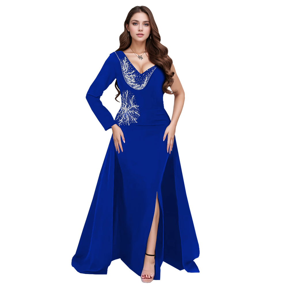 C7296 cross-border e-commerce european and american high-end sexy v-neck rhinestone-embellished long-sleeved slit mermaid dress with full skirt