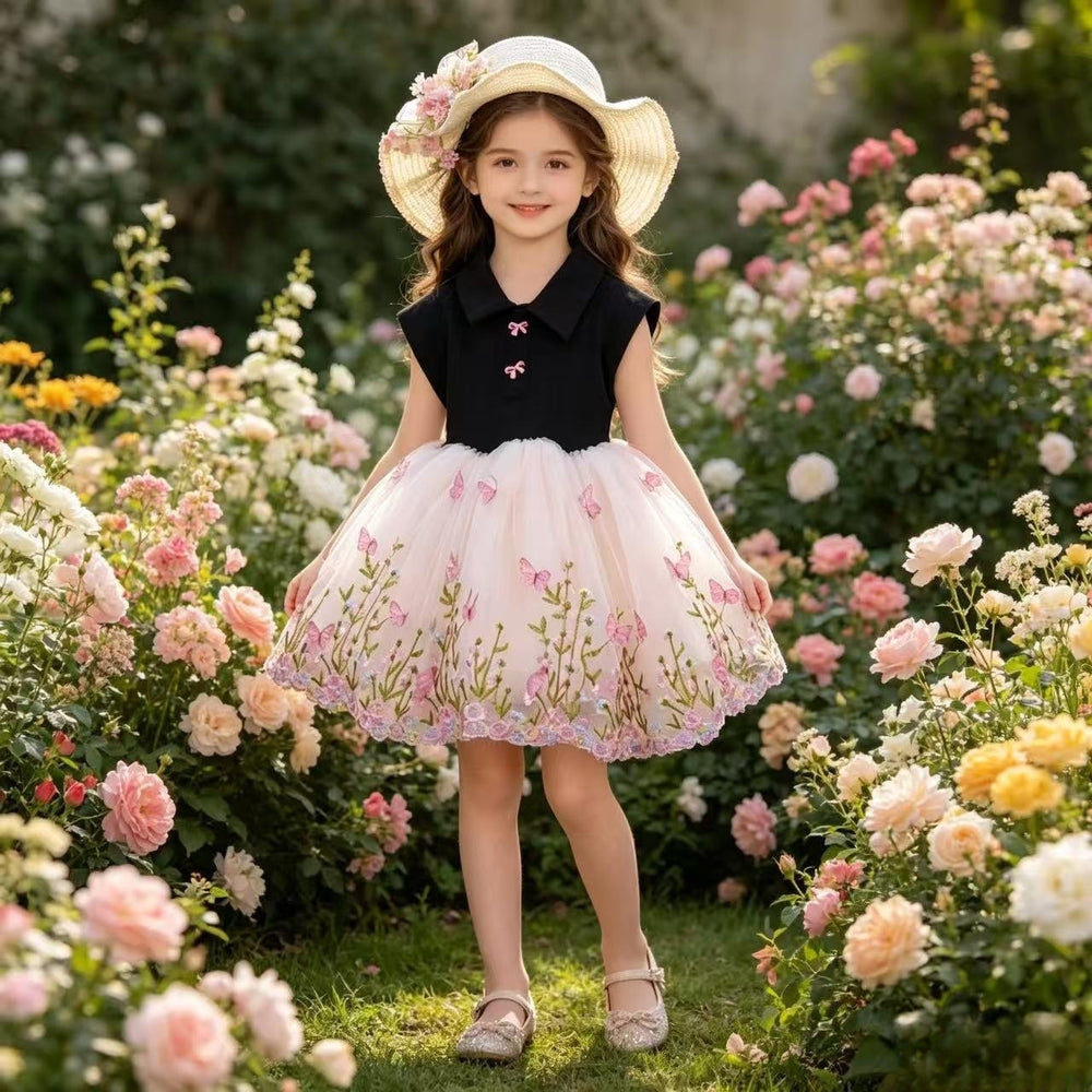 Girls' summer dress  new princess dress butterfly embroidery mesh skirt stylish children's dress summer trendy