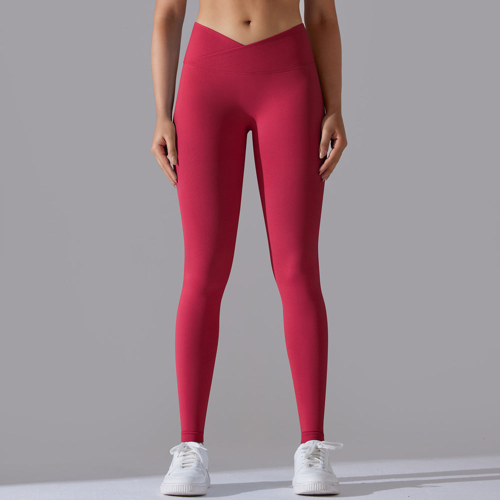 fashion seamless knitting breathable pure color cross waist peach hip yoga pants running fitness nine-point pants women