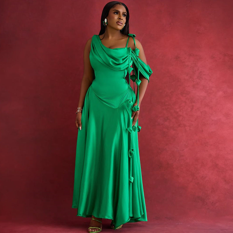 European and american cross-border women's clothing:  summer new arrival - elegant off-the-shoulder design, figure-flattering, heavily embellished a-line dress