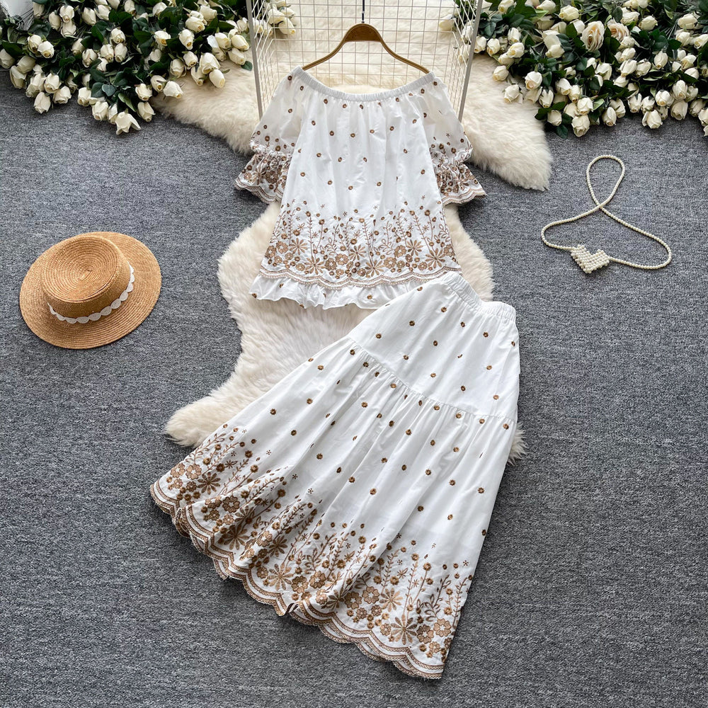 Heavy embroiderflower vest skirt elegancesuit women's summerslimming looklooseeleganttwo-piece setwork clothing style