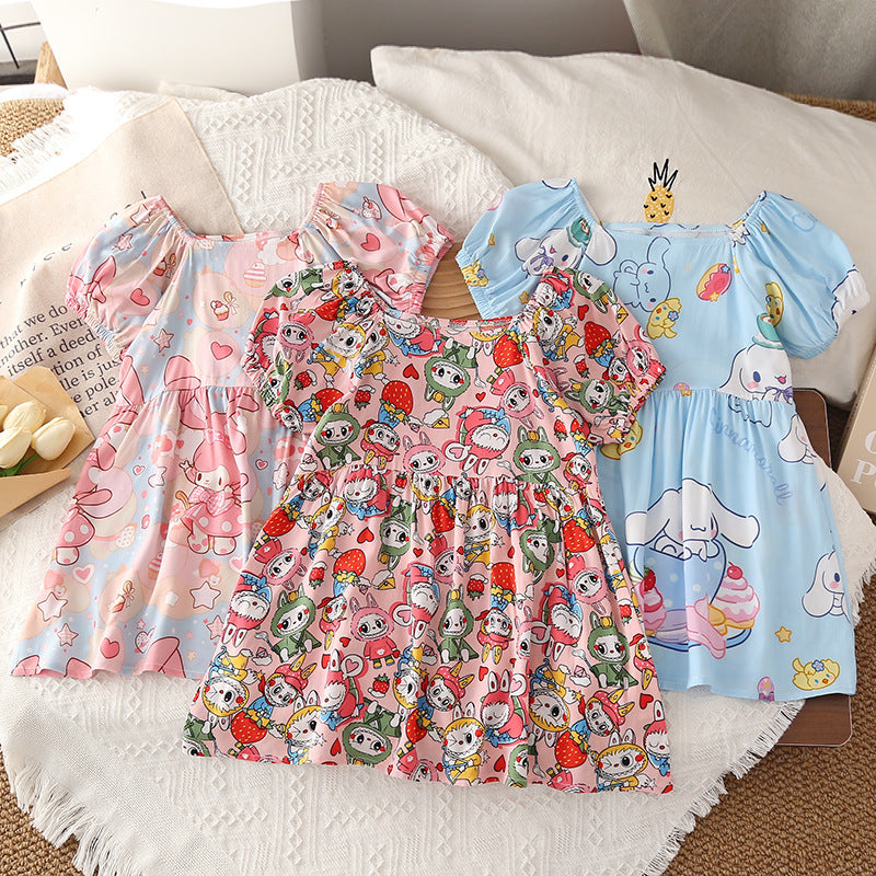 New summer girls' dress - baby cotton silk princess dress - cool & breathable floral dress with puff sleeves