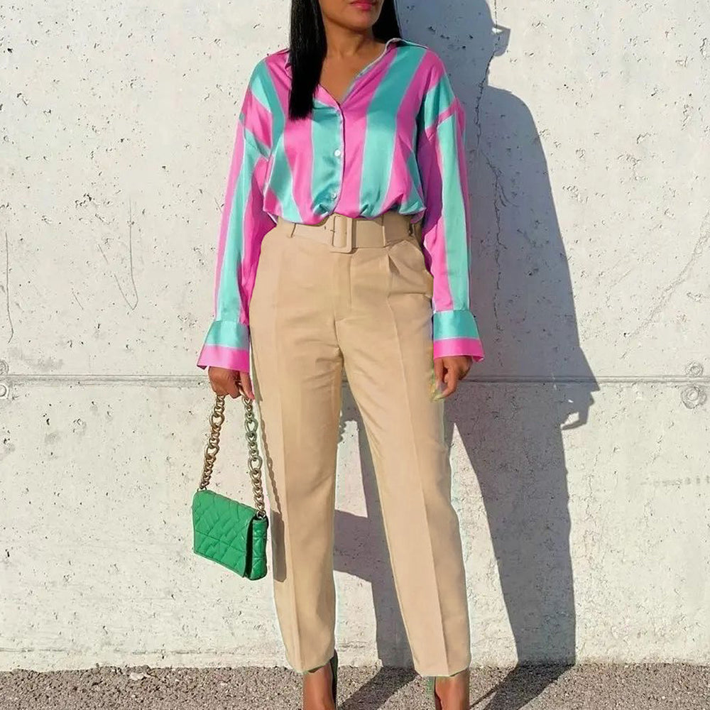 Belted european and american style women's clothing  spring new fashion plus size slimming high waist casual skinny pants foreign trade suit pants