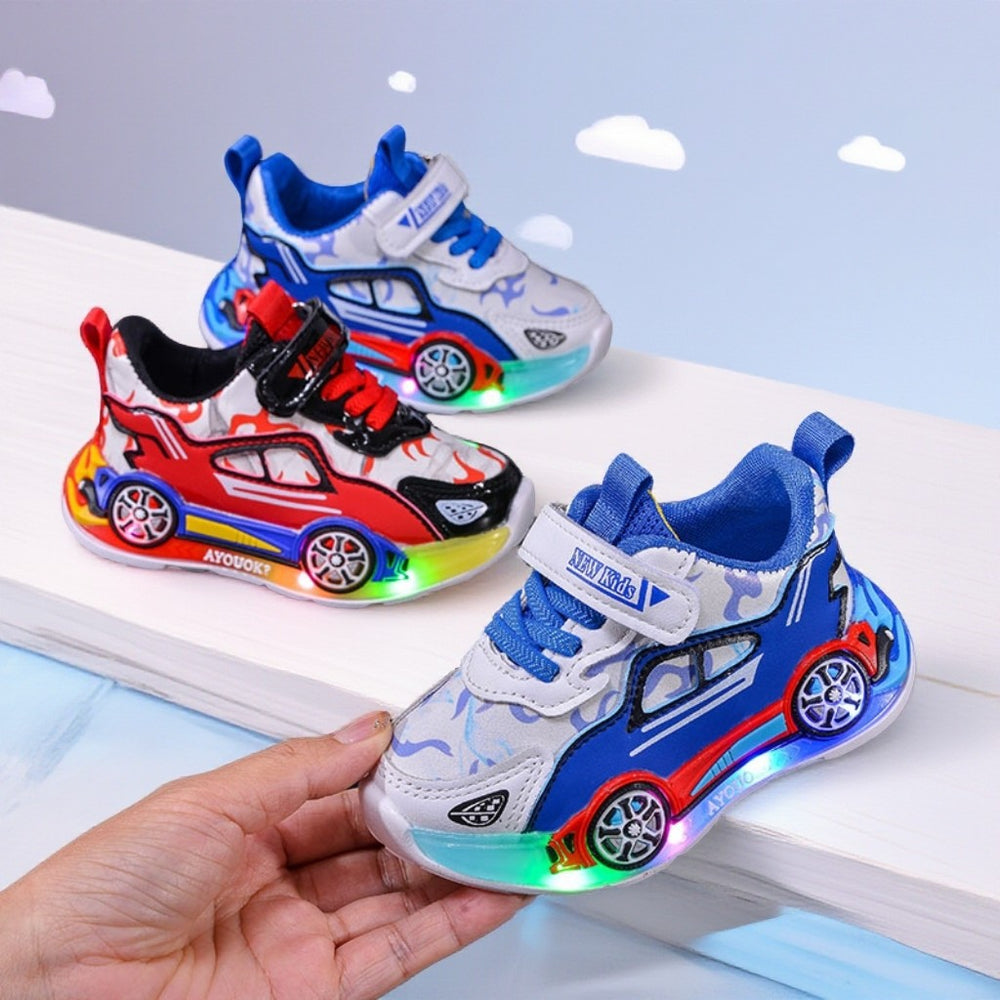 Glowing sneakers  spring/autumn new cartoon car kids' casual shoes, leather light-up shoes for young boys and girls