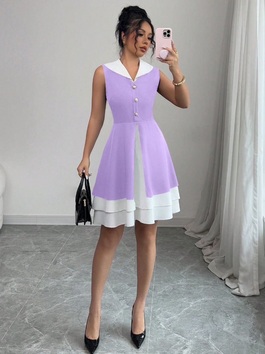 Sleeveless tweed style silmdress women's  summer waist slimming lookelegant hem contrast color vest short skirt