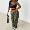 European and american style women's camouflage print multi-pocket cargo high-waisted wide leg casual denim pants