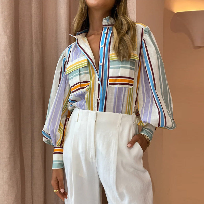 cross-border european and american women's clothing: new summer collection - elegant and chic turn-down collar printed oversized shirt 661