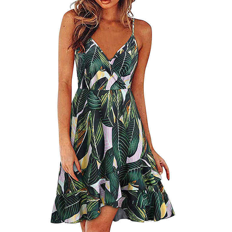 summer new european and american style sexy fashion v-neck cami dress sleeveless backless printed dress