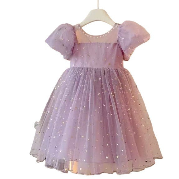 korean style princess dress for girls, summer party dress, baby girl puff sleeve mesh sequin dress for little girls