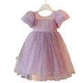 korean style princess dress for girls, summer party dress, baby girl puff sleeve mesh sequin dress for little girls