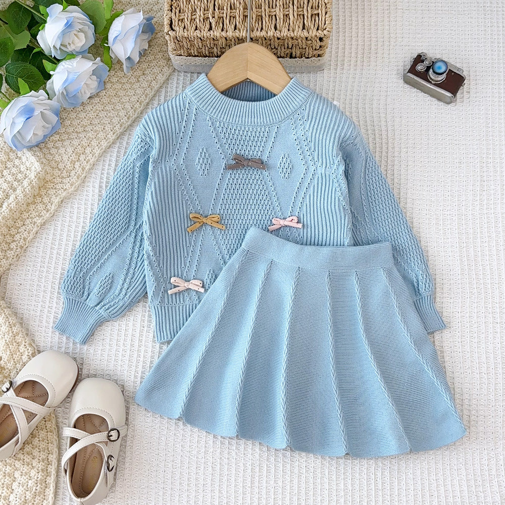 New autumn/winter girls' korean style knitted sweater set: bowknot long-sleeve pullover top and midi skirt two-piece outfit