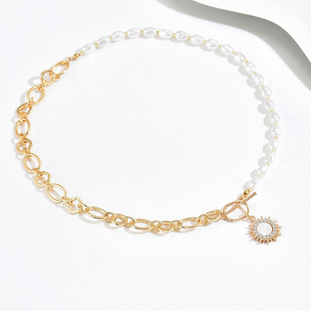 European and american cross-border jewelry niche ins splicing imitation pearl chain necklace personalized sunflower pendant clavicle chain for women