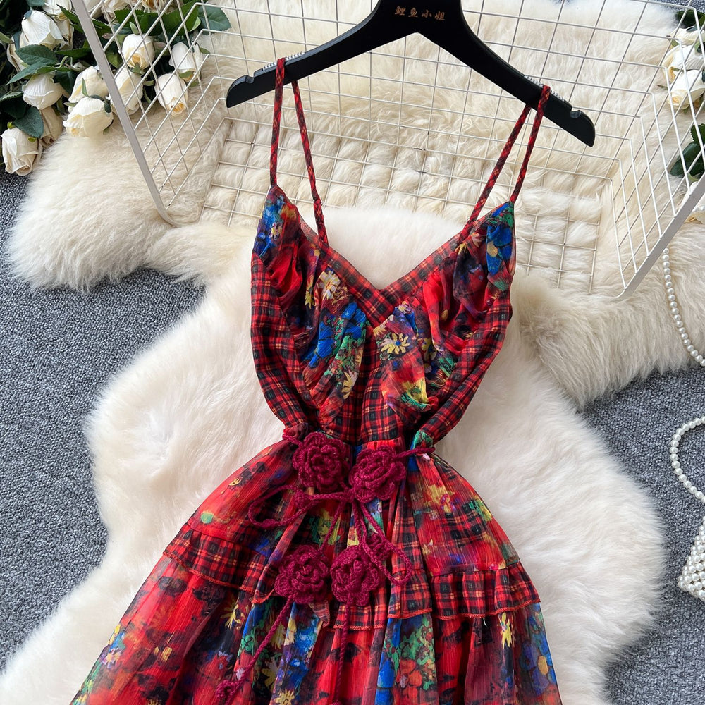 Luxury camisole dress for women -  summer collection: floral print, cinched waist, elegant, maxi length, french style