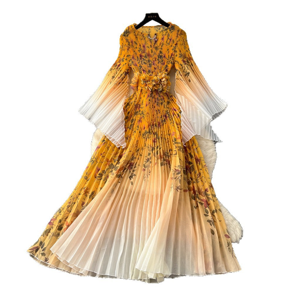 Elegant and stylish flared-sleeve printed dress for women, featuring a cinched waist, pleated detailing, batwing sleeves, and a full, flowing skirt. a sophisticated and versatile dress perfect for the office