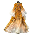 Elegant and stylish flared-sleeve printed dress for women, featuring a cinched waist, pleated detailing, batwing sleeves, and a full, flowing skirt. a sophisticated and versatile dress perfect for the office