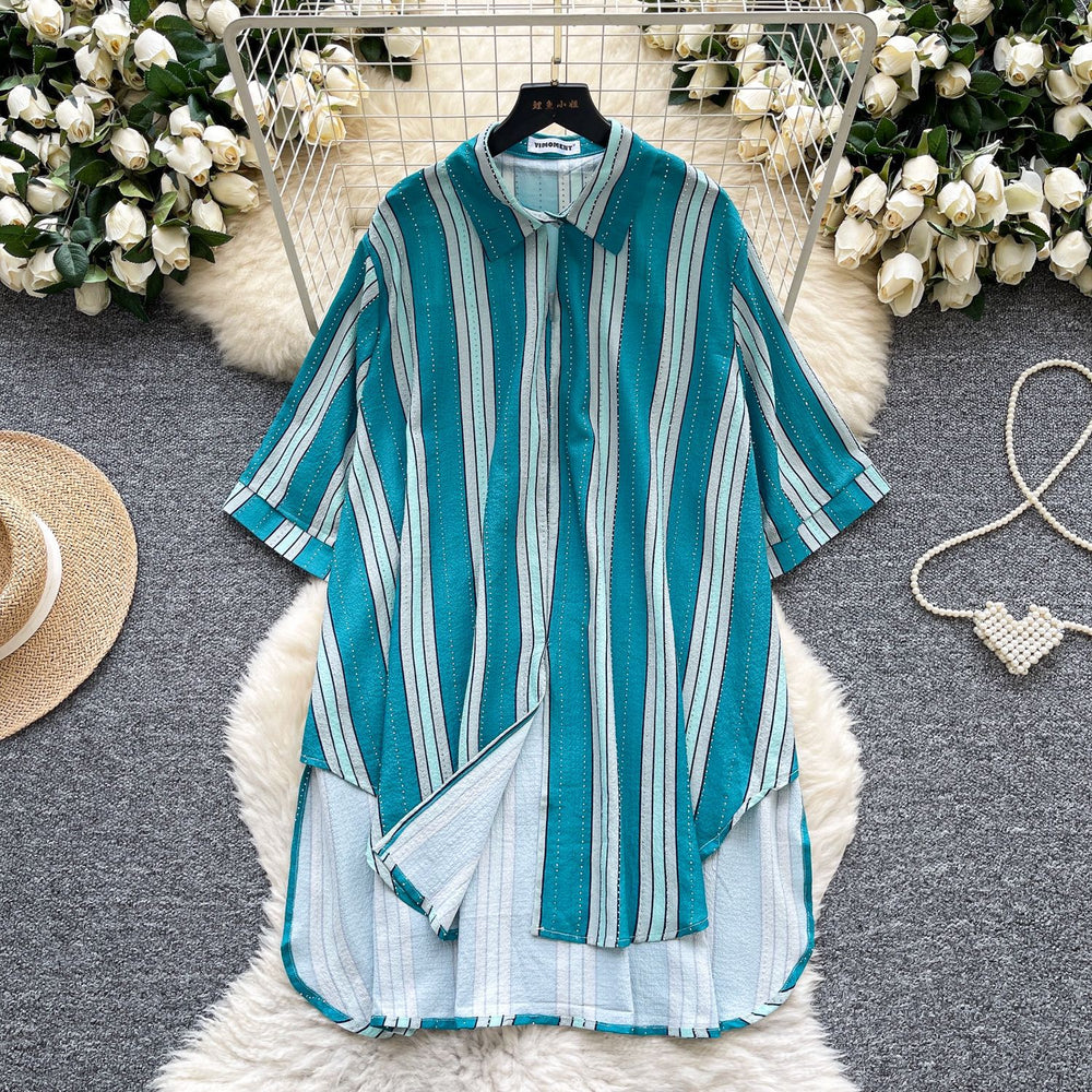Relaxed fit shirt for women -  summer collection: effortless style, unique design, loose fit, slimming, casual, irregular striped pattern with hotfix rhinestone detailing