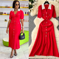 French style retro color block turn-down collar short sleeve single-breasted cinched waist inner layer knit dress - women's long knit dress