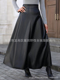 2-73187# cross-border european and american slimming look covering crotch mid-long a-line large swing pu leather skirt women's skirt long skirt