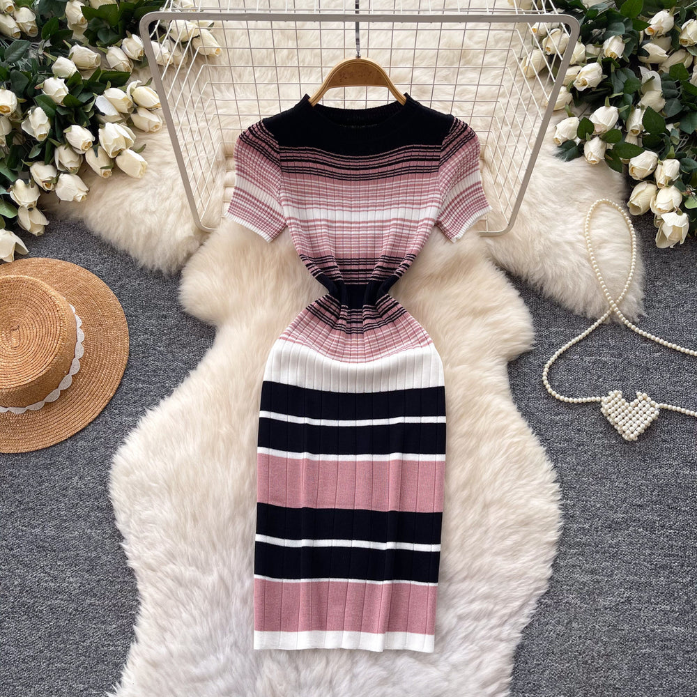 Korean style color block striped knit dress - women's 2026 summer slim fit short sleeve a-line dress - commute chic