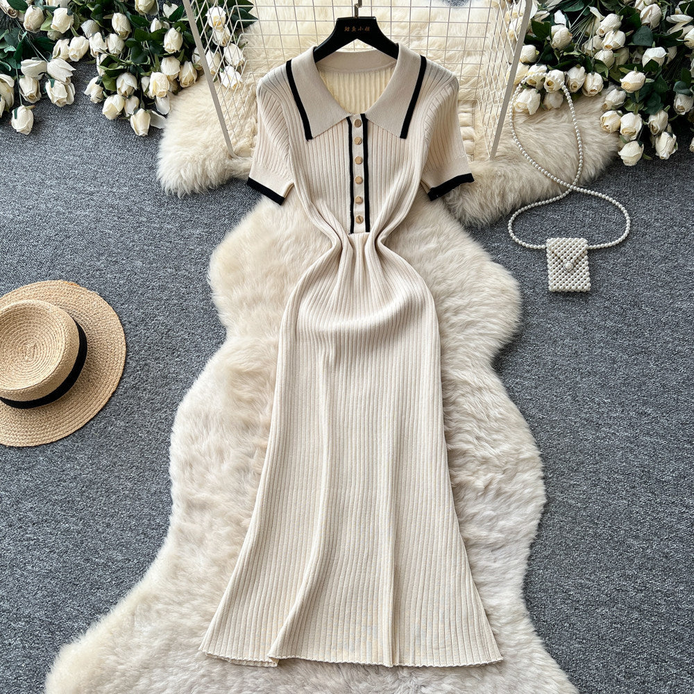 Korean style commute knit sweet & chic dress - women's short sleeve polo collar slim fit a-line dress - high-end design