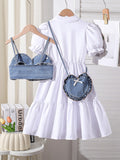 european and american style girls' cross-border shirt dress, vest design, with heart-shaped bag three-piece set for older girls
