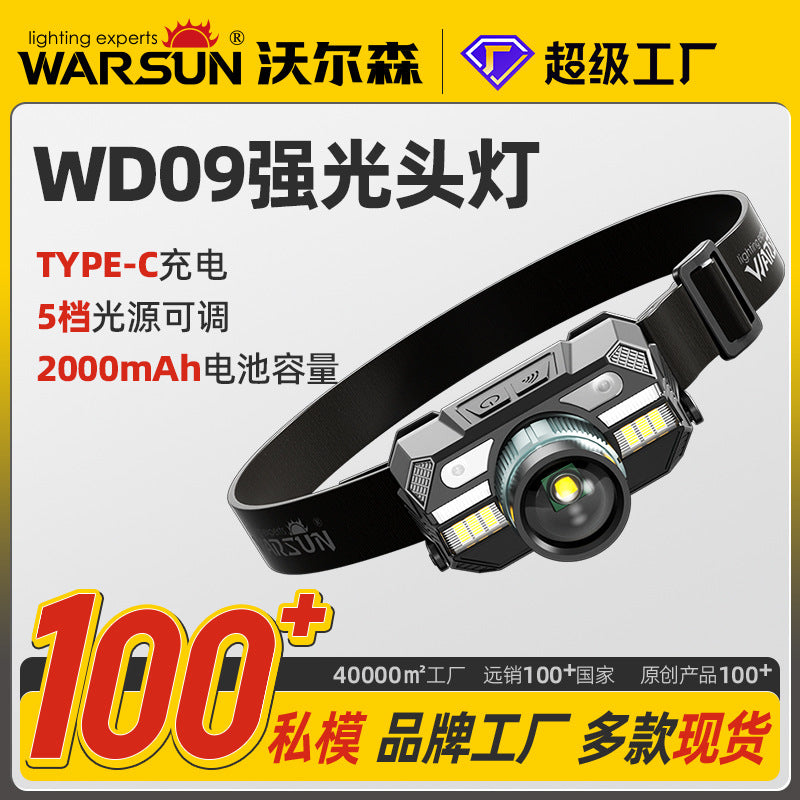 Walson manufacturer WD09 induction headlight strong light head-mounted led long battery life night fishing fish outdoor super bright mining lamp