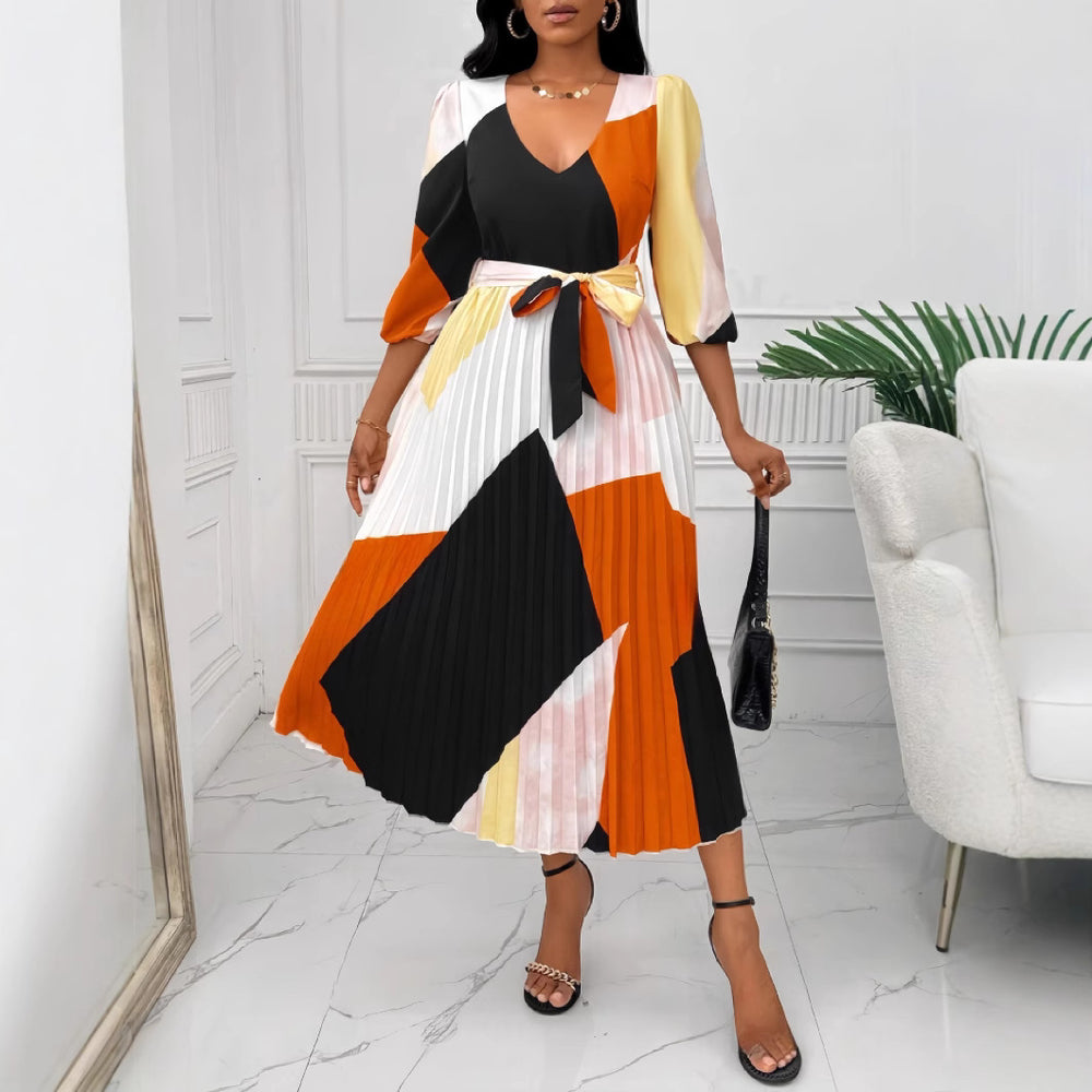 European and american style women's fashion:  autumn new arrival - three-quarter sleeve v-neck tie-up color block long pleated dress