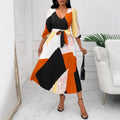European and american style women's fashion:  autumn new arrival - three-quarter sleeve v-neck tie-up color block long pleated dress