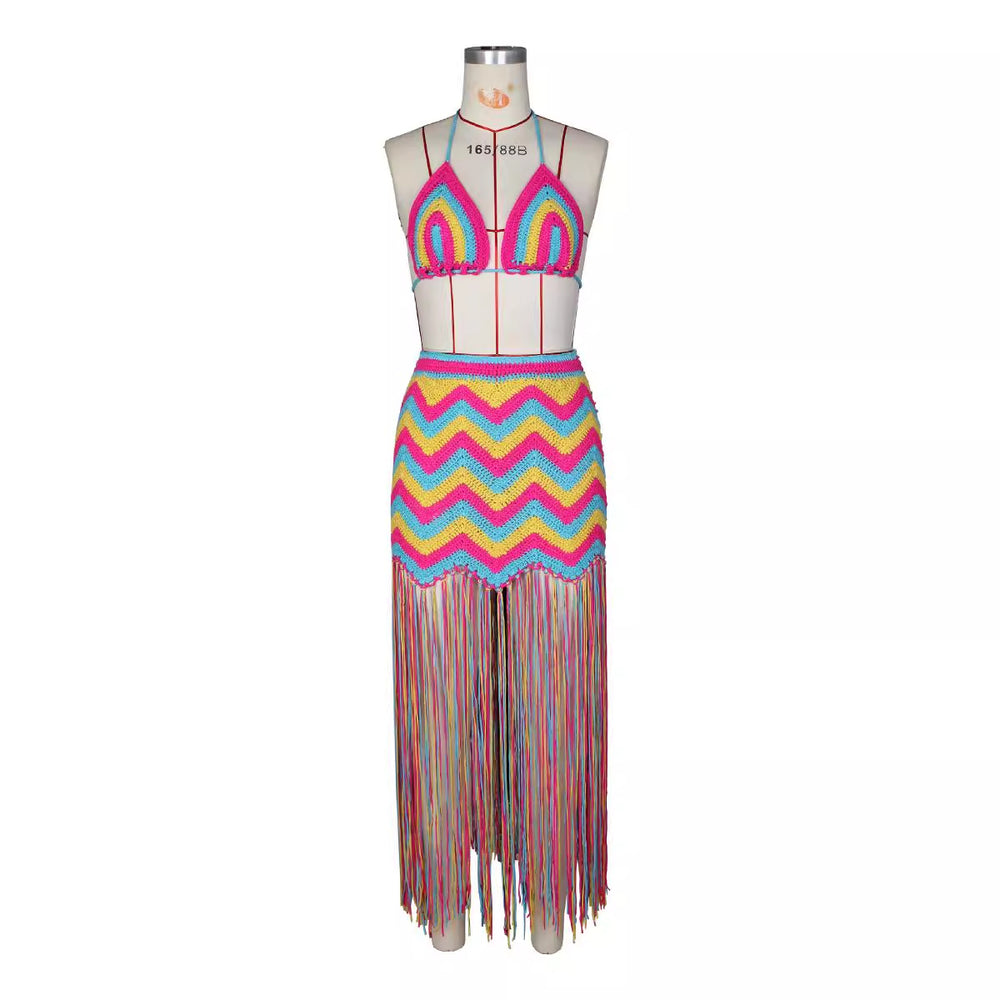 e-commerce: european and american style sexy handmade crochet wavy tassel beach cover-up dress set
