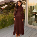 Fashion style cross-border elegant slit women's pure color pleated elegance hip skirt high collar silmlong sleevesdress trendy