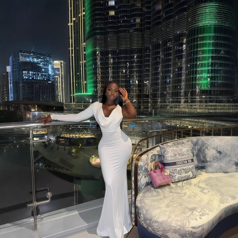 European and american cross-border women's fashion:  autumn new arrival - solid color one-sleeve deep v-neck bodycon elegant long dress