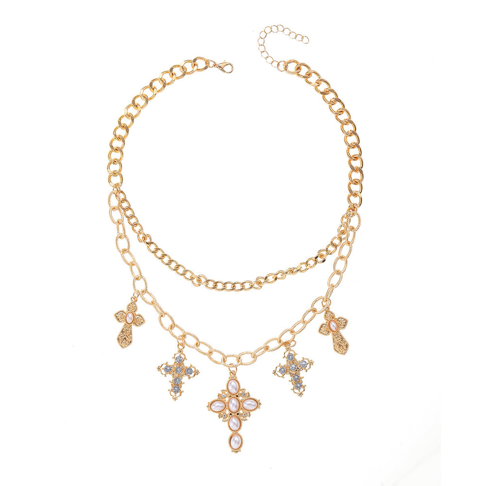 Punk imitation pearl necklace wholesale european and american cross-border multi-layer cross pendant accessible luxury high-end sense of stacking clavicle chain