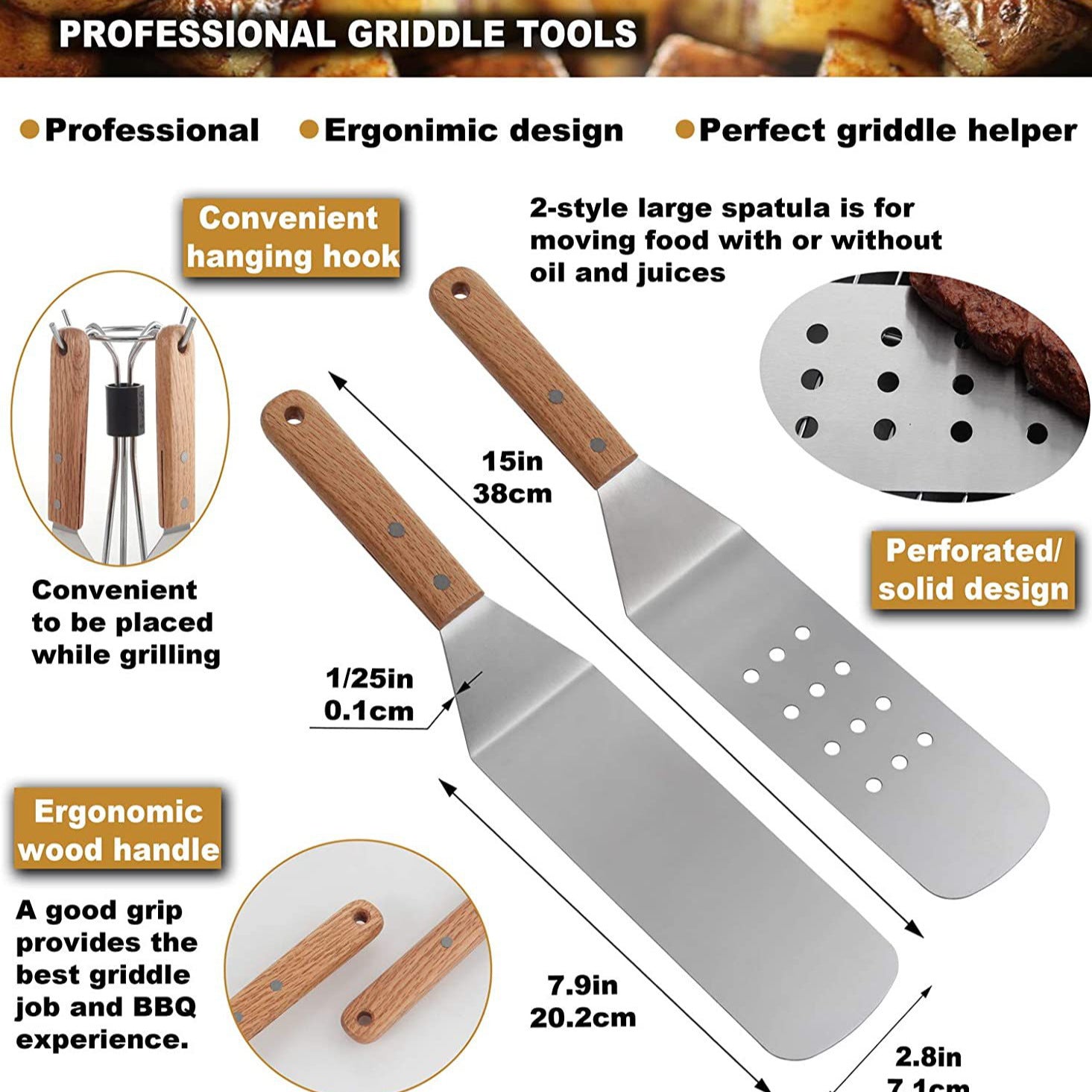 Cross-border stainless steel wooden handle frying shovel combination oblique cooking shovel iron plate steak cooking shovel pancake BBQ tool
