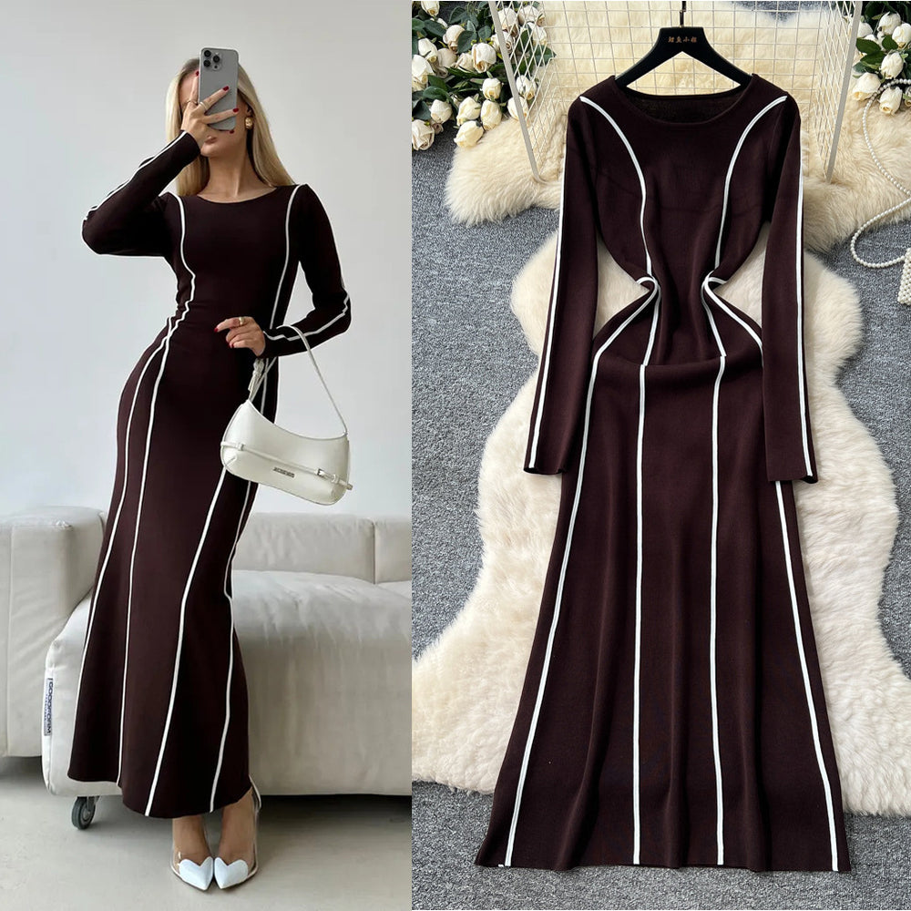 Frenchclassy niche stylefashioncontrast color side patchwork waist round neck long sleevessweaterdress women's slimming look long skirt