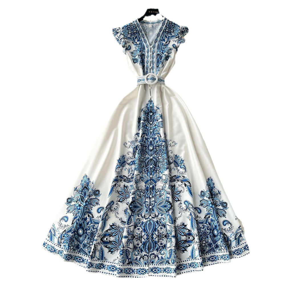 European and american style high-end elegant dress with flutter sleeves, cinched waist, v-neck, single-breasted button detail, and printed design - vintage long dress
